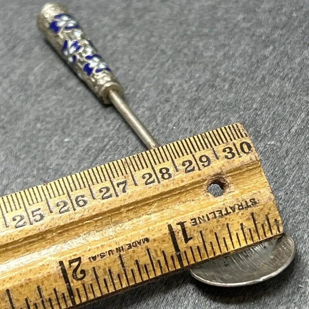 Vintage Cloisonne Enamel Long Handle Spoon Blue Floral Motif 5.25
